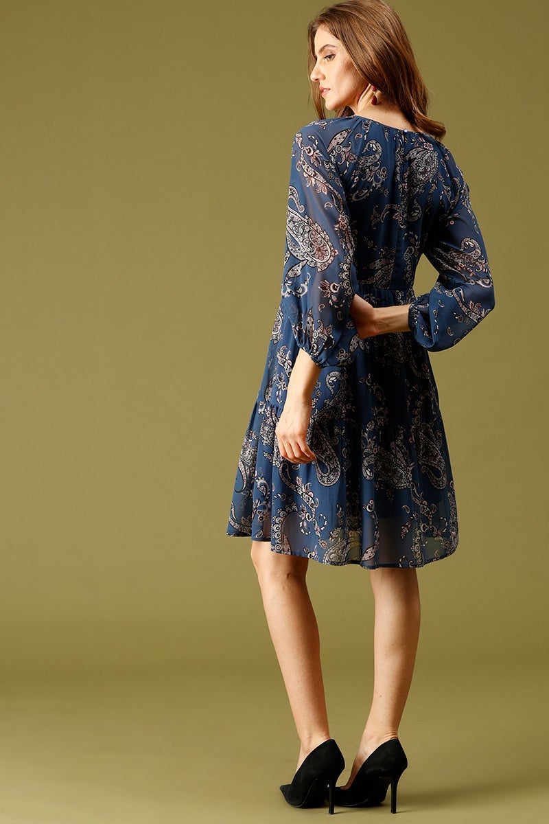 Blue Knee Length Round Neck 3/4th Sleeves Printed Polyester Dress