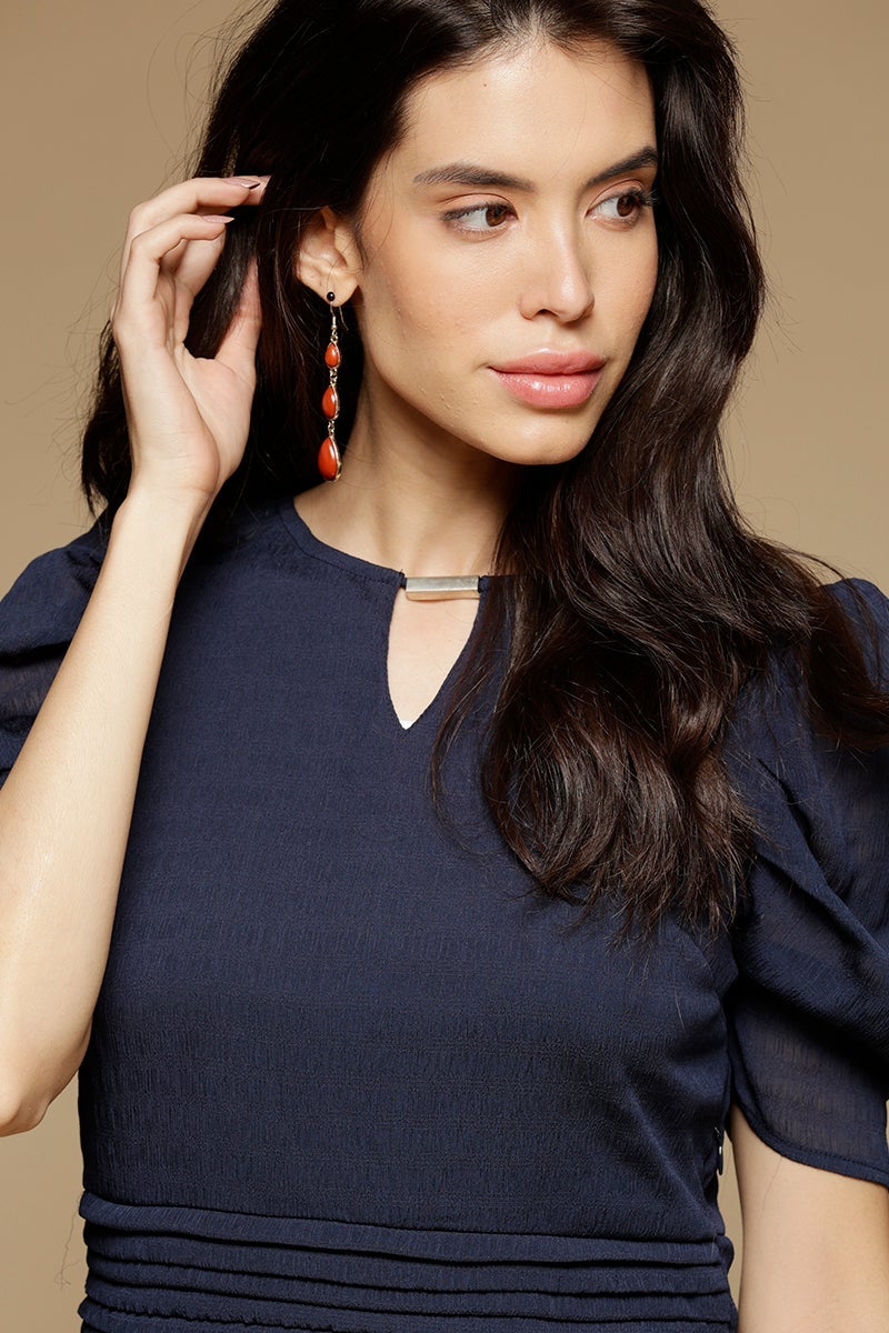 Navy Blue Above Knee Length KeyHole Neck Polyester Chiffon Dress