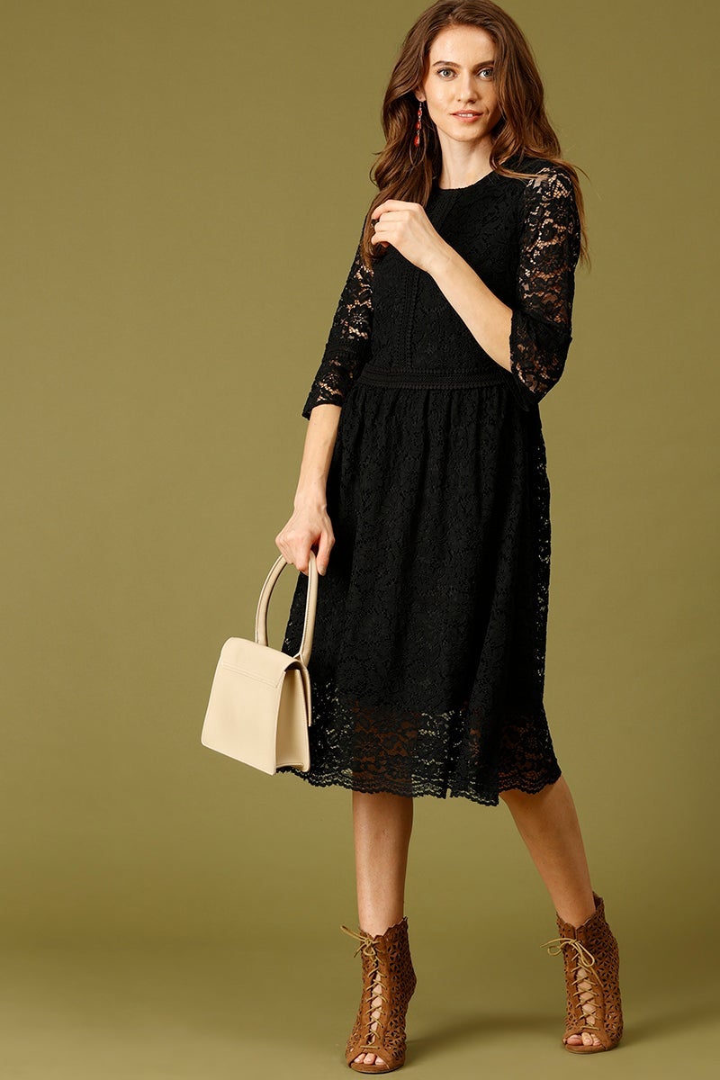 Black Midi Length Round Neck Polyester Dress