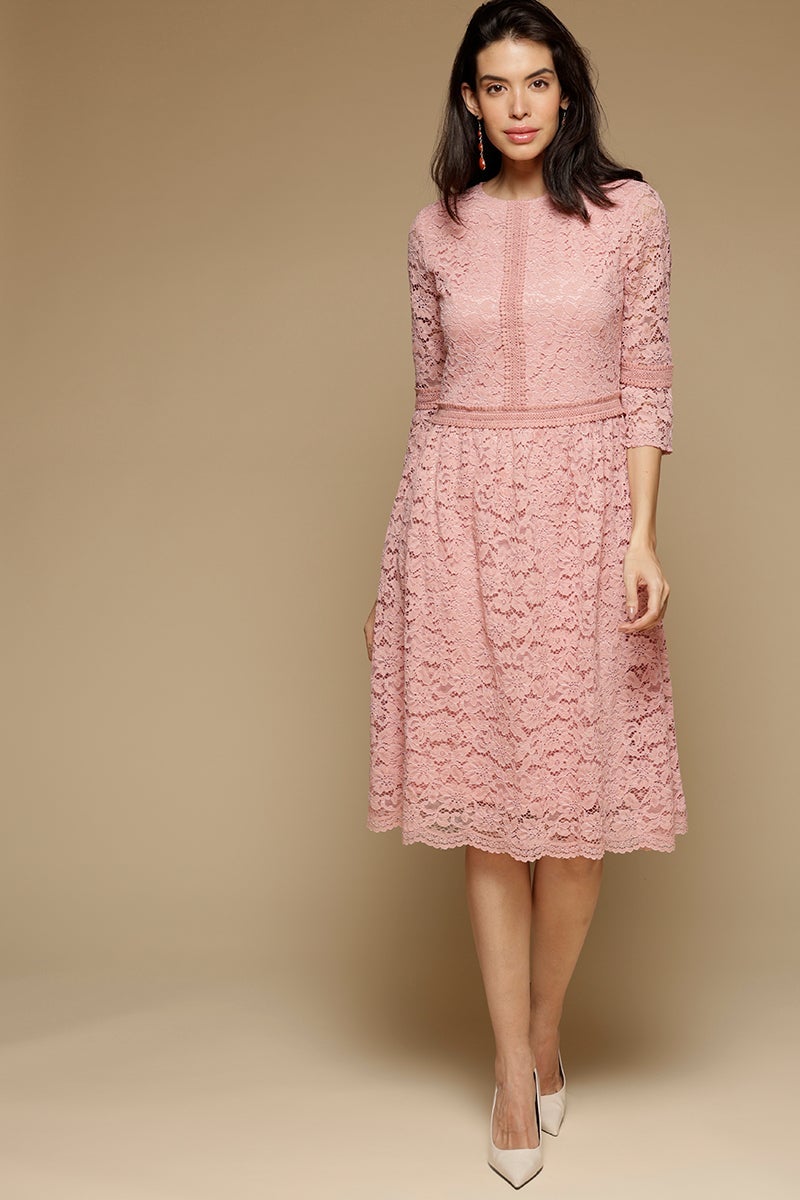 Pink Knee Length Round Neck Polyester Chiffon Dress