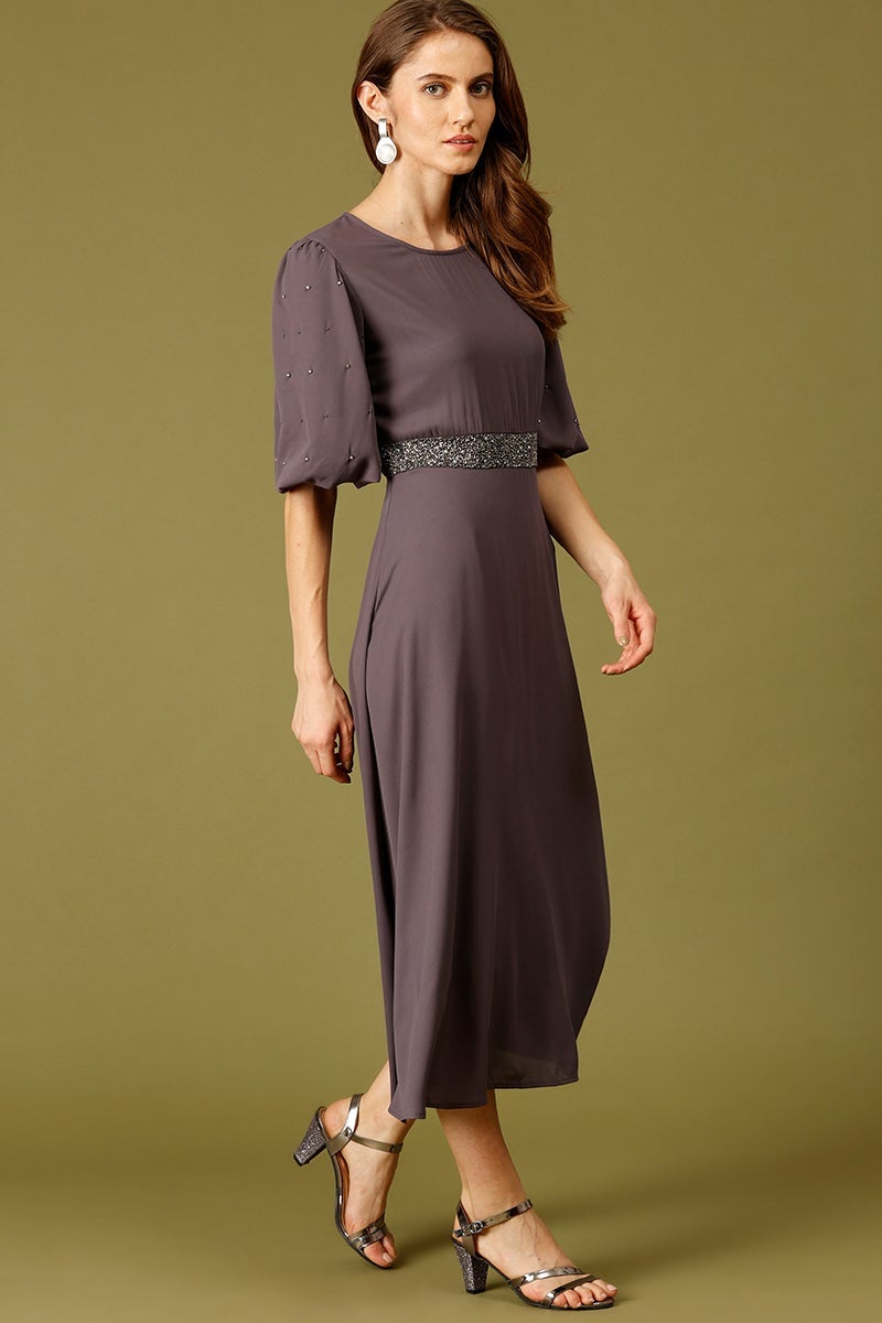 Dark Grey Midi Length Round Neck Polyester Dress