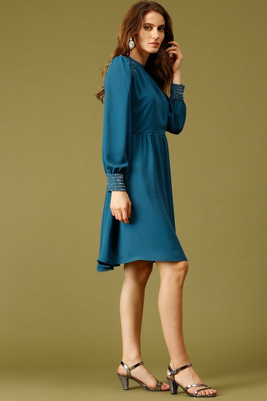 Blue Knee Length Choker Neck Long Sleeves Embellished Polyester Dress