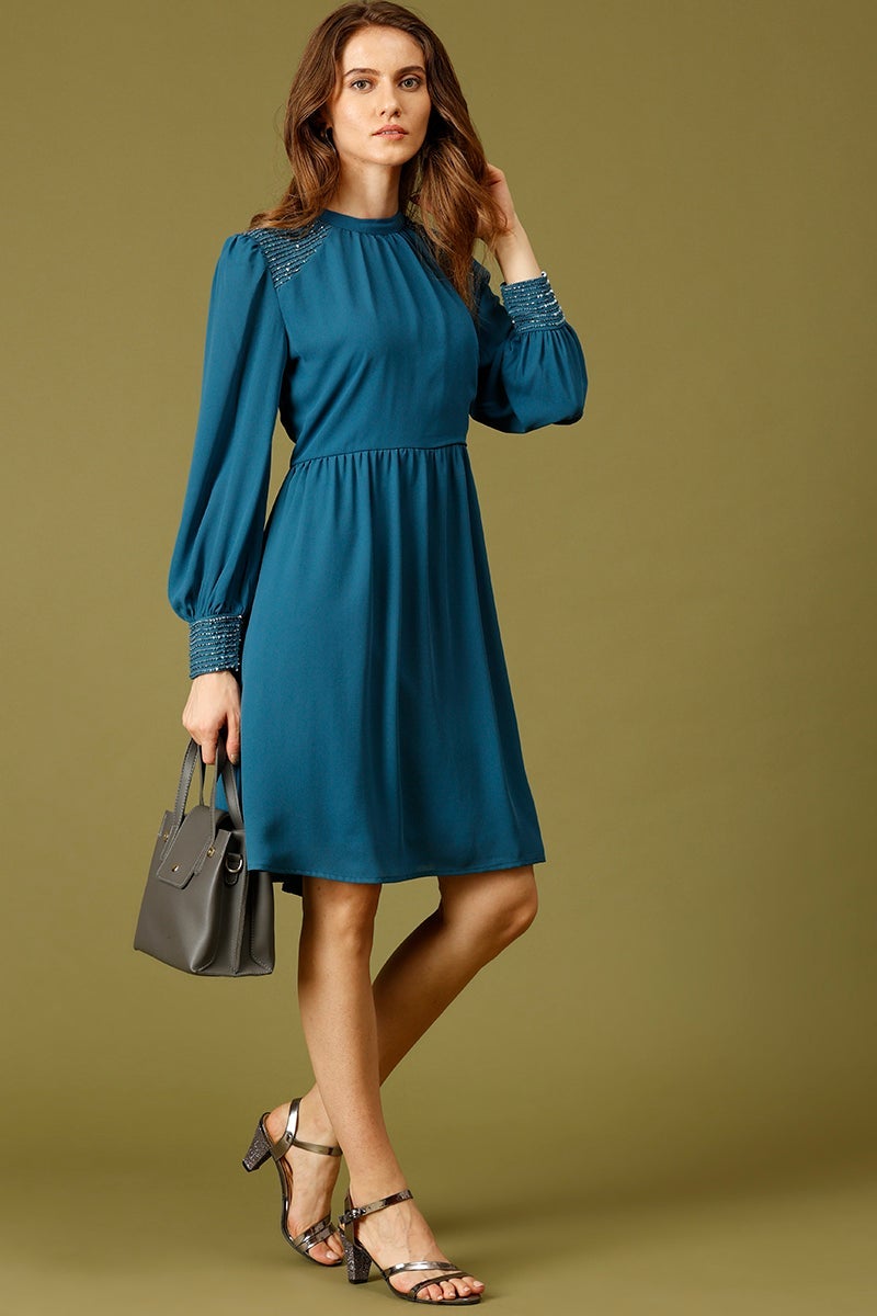 Blue Knee Length Choker Neck Long Sleeves Embellished Polyester Dress
