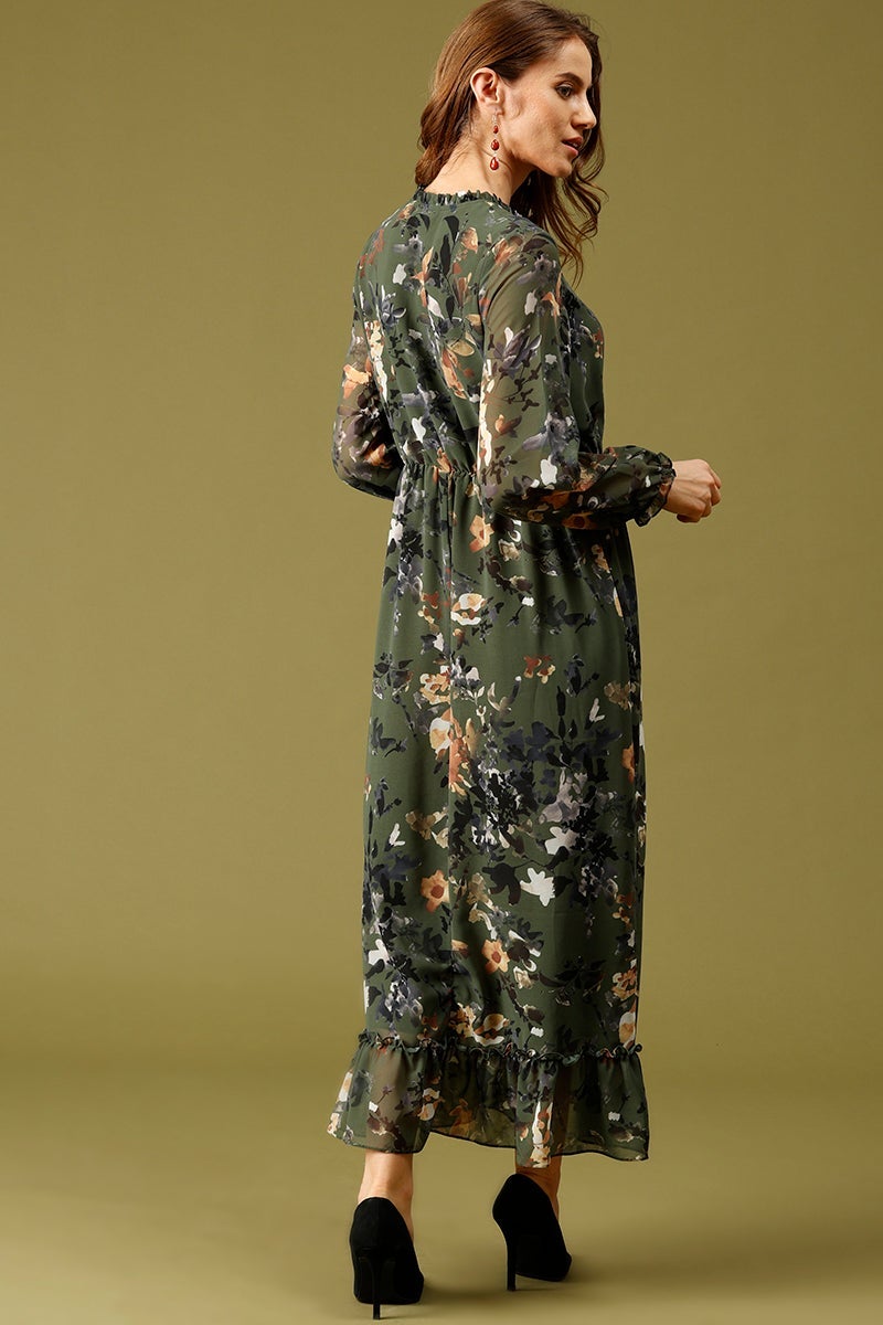 Olive Maxi Length Tie-Up Neck Long Sleeves Floral Print Georgette Dress
