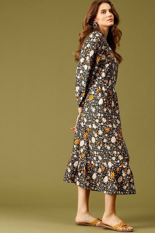 Navy Blue Midi Length Choker Neck Long Sleeves Floral Print Rayon Dress