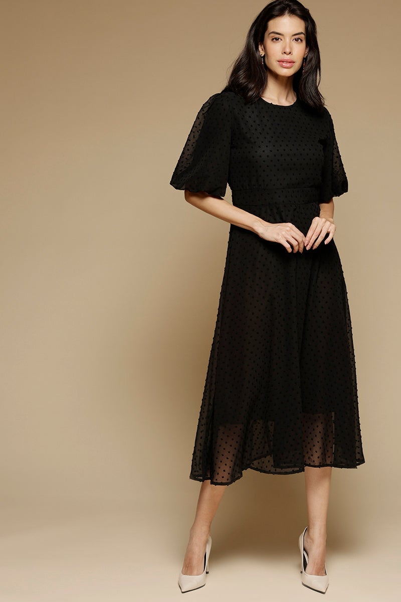 Black Midi Length Round Neck Polyester Dress