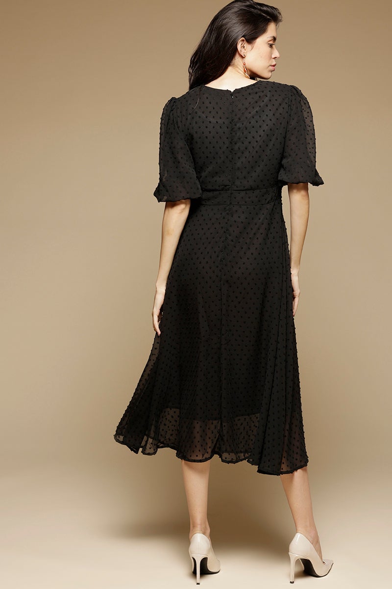 Black Midi Length Round Neck Polyester Dress