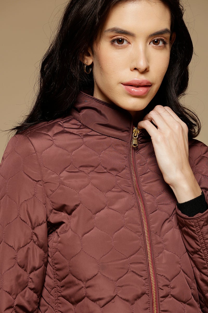 Burgandy Regular Length Full Sleeves Stand Collar Polyester Jacket