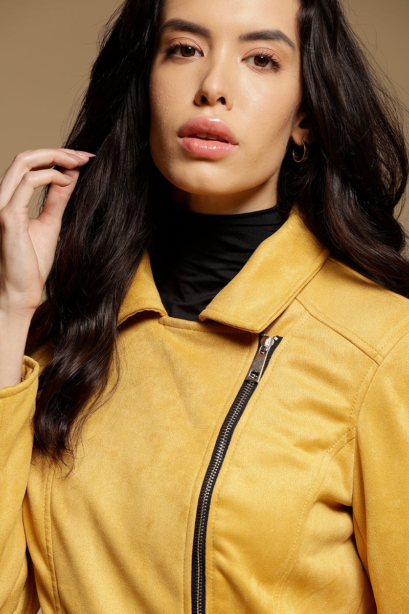 Mustard Regular Length Full Sleeves Collar Neck Suede Jacket