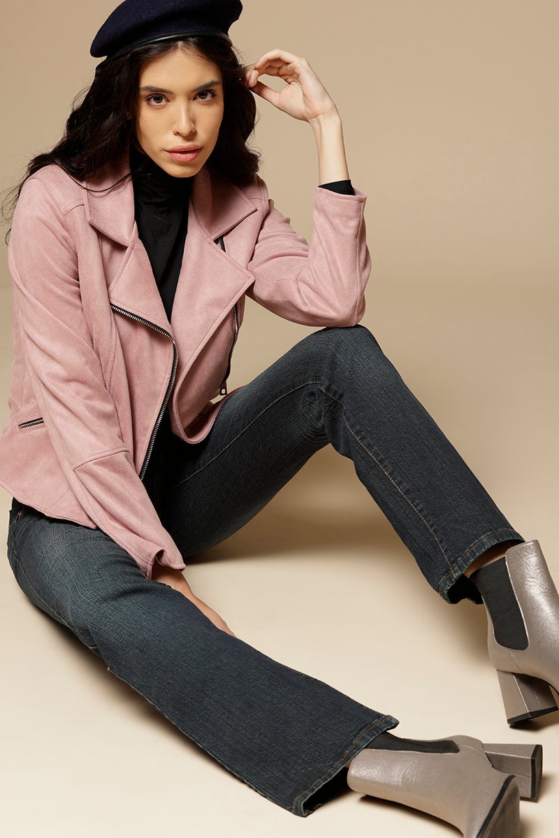 Pink Regular Length Full Sleeves Collar Neck Suede Jacket