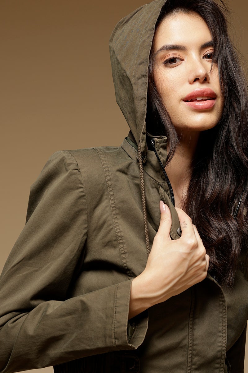 Olive Regular Length Full Sleeves Hoodies Cotton Jacket