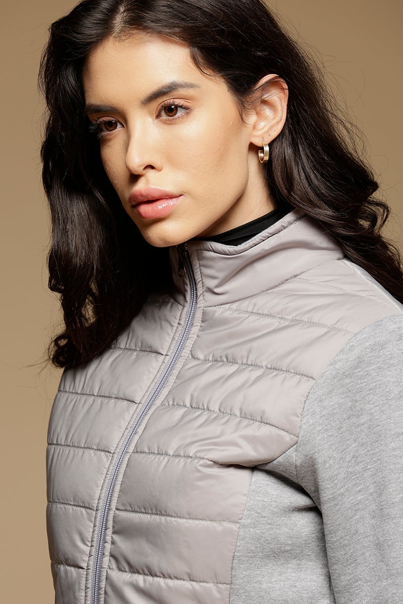 Grey Regular Length Full Sleeves Stand Collar Polyester Jacket