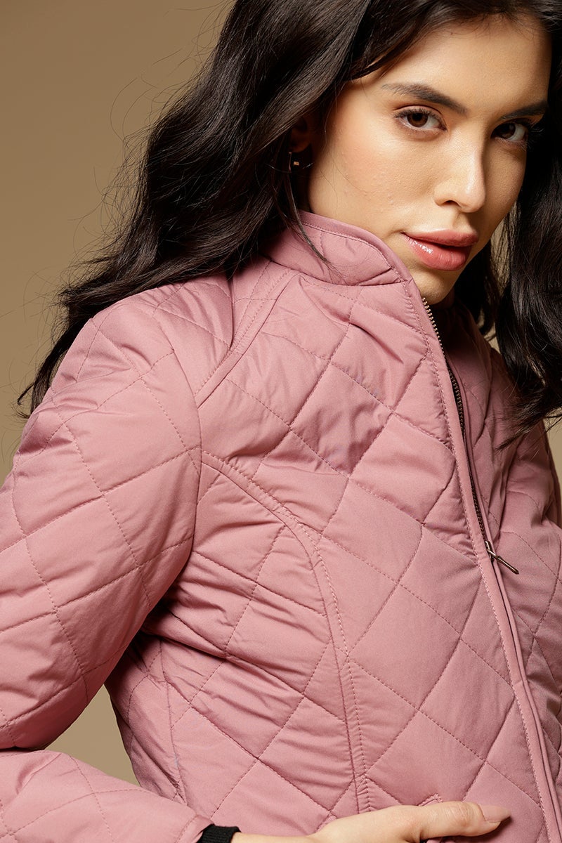Dusky Pink Regular Length Full Sleeves Stand Collar Polyester Jacket