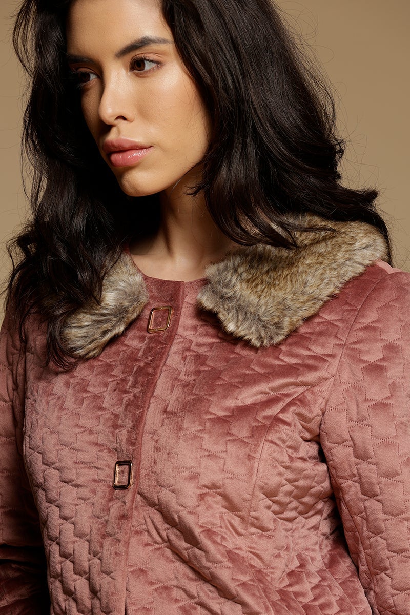 Dusky Pink Long Length Full Sleeves Round Neck Suede Jacket