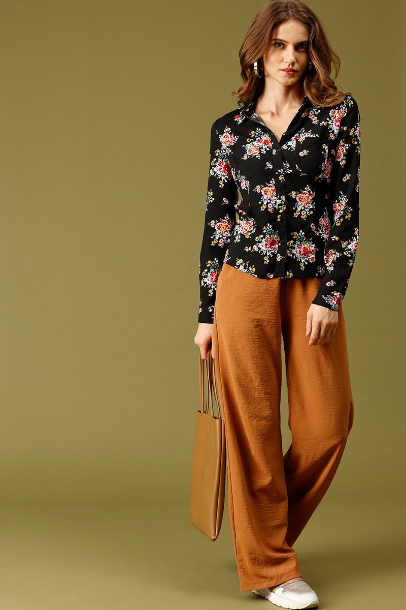 Black Medium Length Shirt Collar Floral Print Rayon Shirt