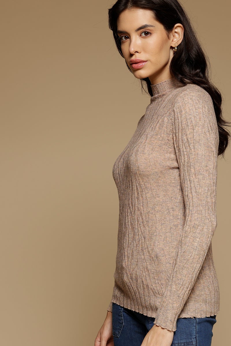 Beige Medium Length Long Sleeves Round-Neck Acrylic Solid Sweater