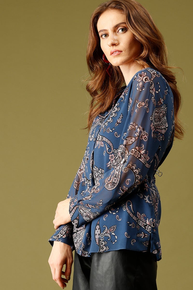 Blue Medium Length Mandarin Collar Long Sleeves Printed Georgette Tunic