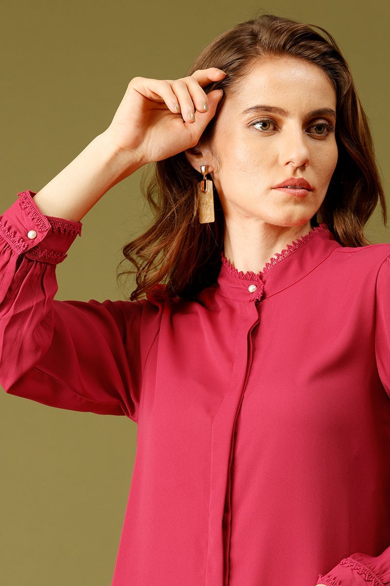 Rasberry Medium Length Choker Neck Polyester Tunic
