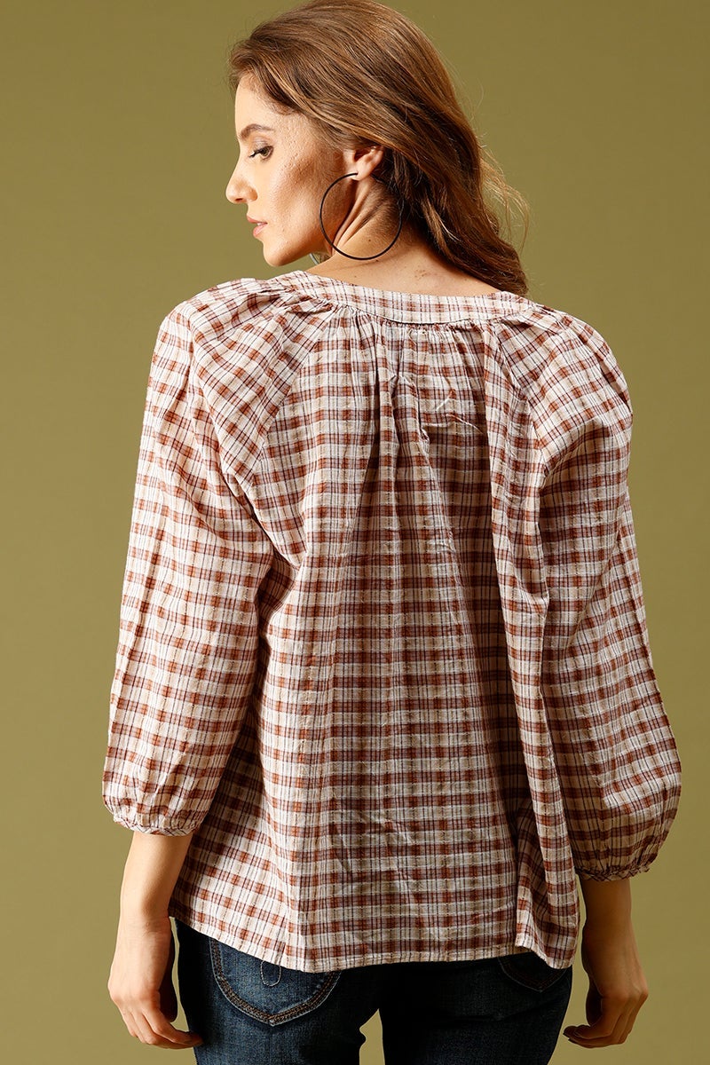Beige Medium Length V-Neck Long Sleeves Checked Cotton Tunic