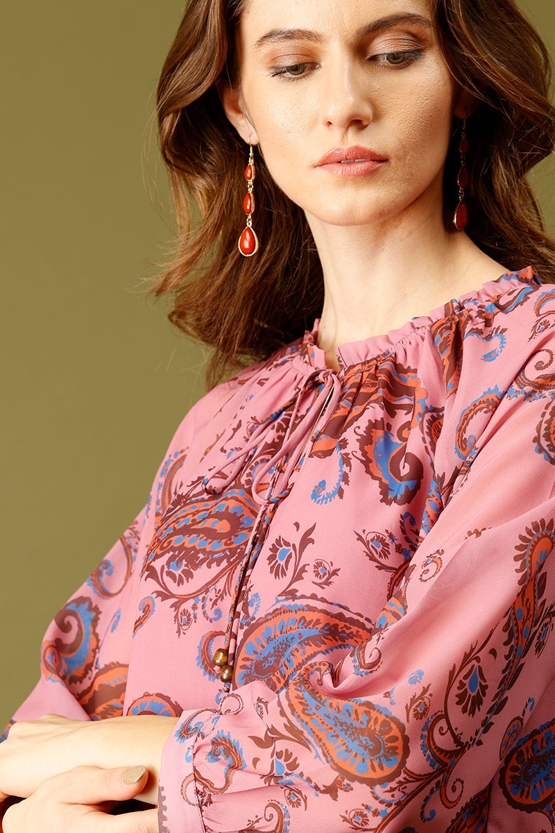 Pink Medium Length Tie-Up Neck 3/4th Sleeves Printed Georgette Tunic