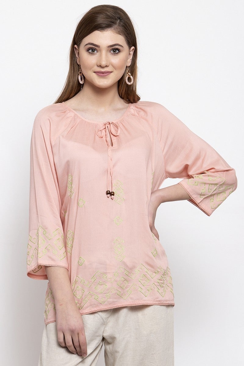 Gipsy Women Boat Neck 3 By 4 Sleeves Pink Top