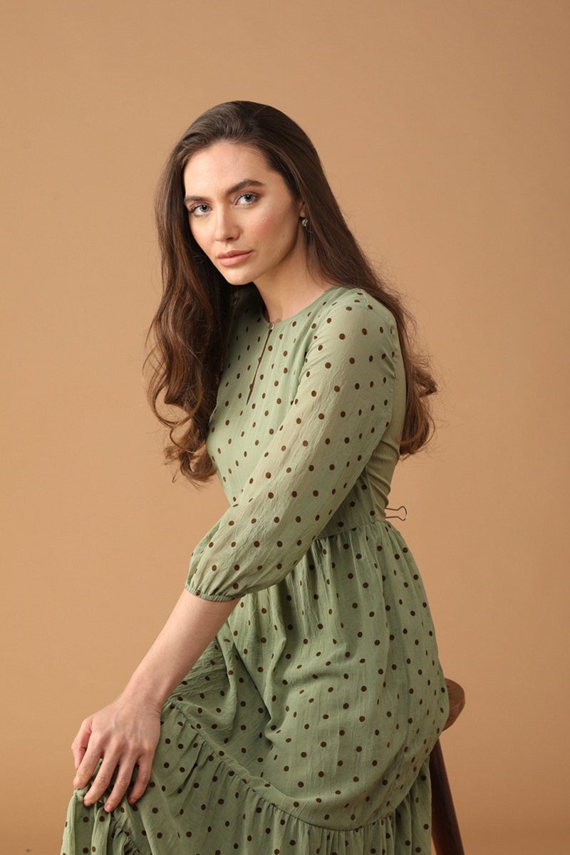 Gipsy Women Green Round Neck 3/4 Quarter Sleeves Dress