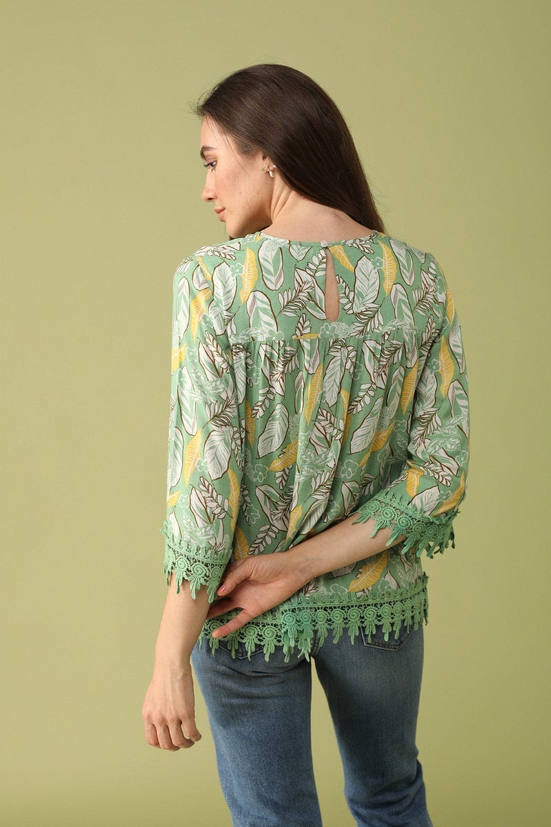 Gipsy Women Green Round Neck 3/4 Quarter Sleeves Tunic