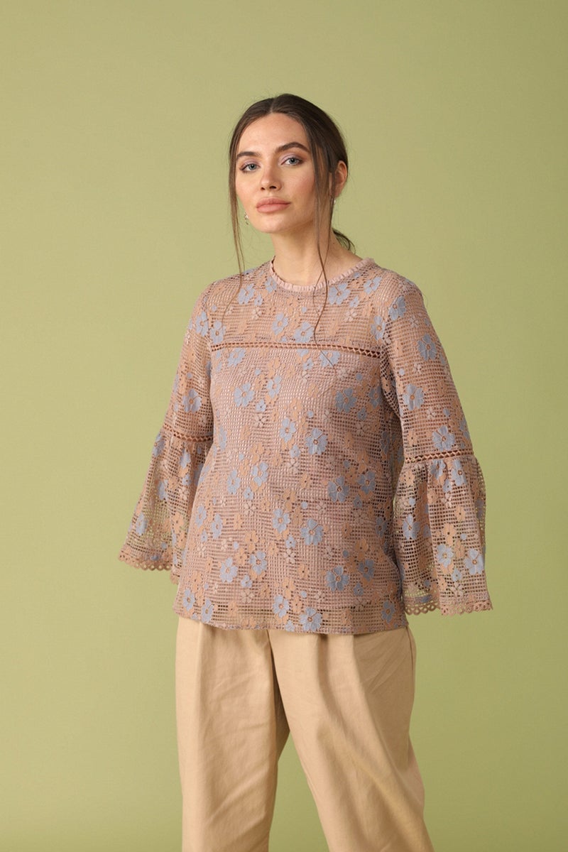 Gipsy Women Round Neck Long Sleeves Self Design Khaki Color Tops