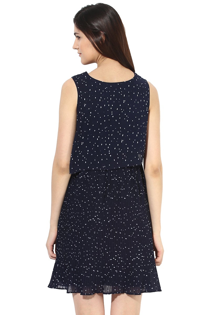 Blue Knee Length Round Neck Sleeveless Polyester printed Dress