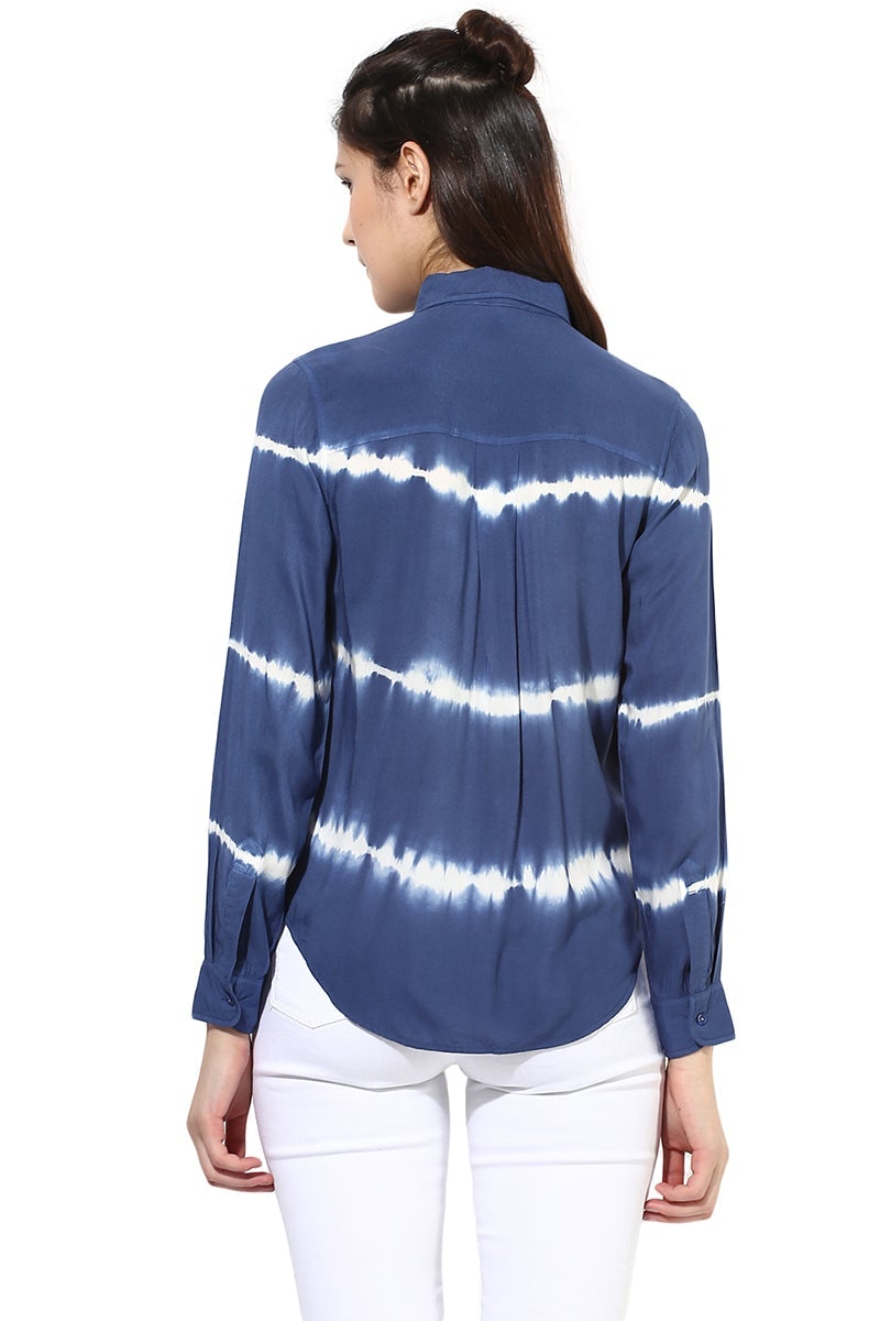 Blue Medium Length Shirt Collar Long Sleeves Rayon Shirt