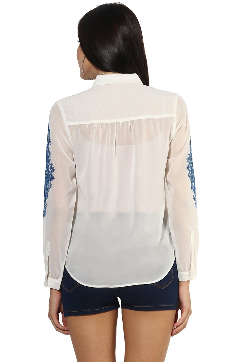 White Medium Length Shirt Collar Long Sleeves Polyester Shirt