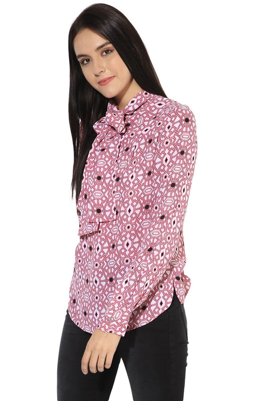 Pink Medium Length Tie-Up Neck Long Sleeves Polyester Shirt