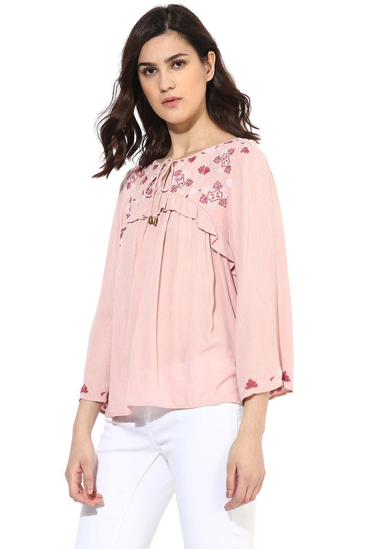 Pink Medium Length Tie-Up Neck Polyester Top