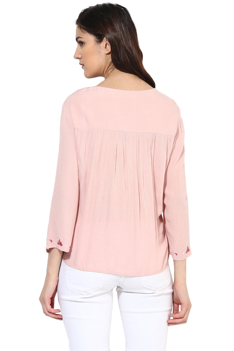 Pink Medium Length Tie-Up Neck Polyester Top