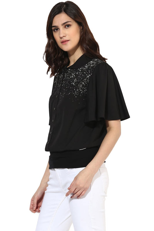 Black Medium Length Shirt Collar Polyester Top