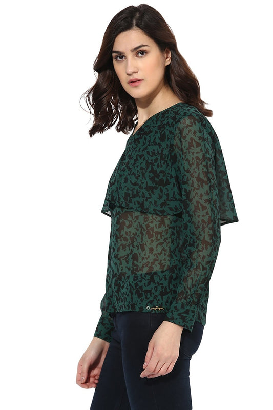 Green Medium Length V-Neck Polyester Top