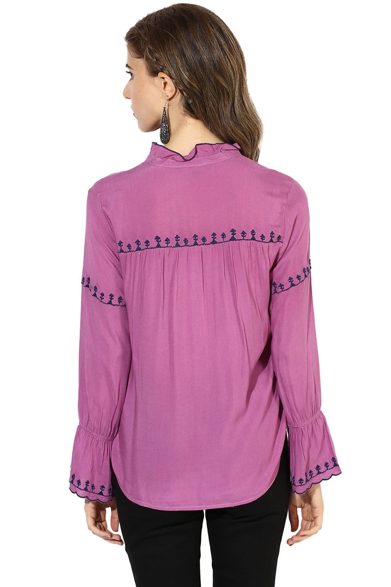 Purple Medium Length Mandarin Collar Polyester Top