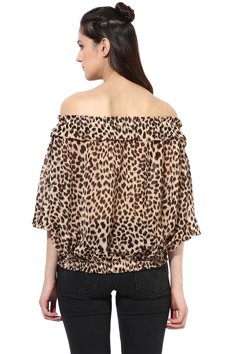 Brown Medium Length Off Shoulder Polyester Top