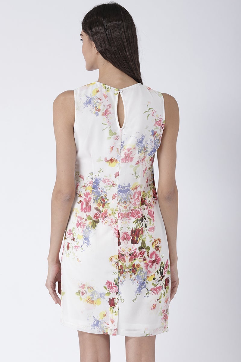 Multicolor Above Knee Length Round Neck Sleeveless Polyester Floral Print Dress