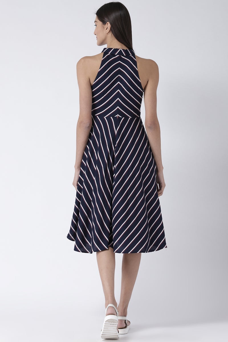 Navy Blue Midi Length Shirt Collar Sleeveless Rayon Striped Dress