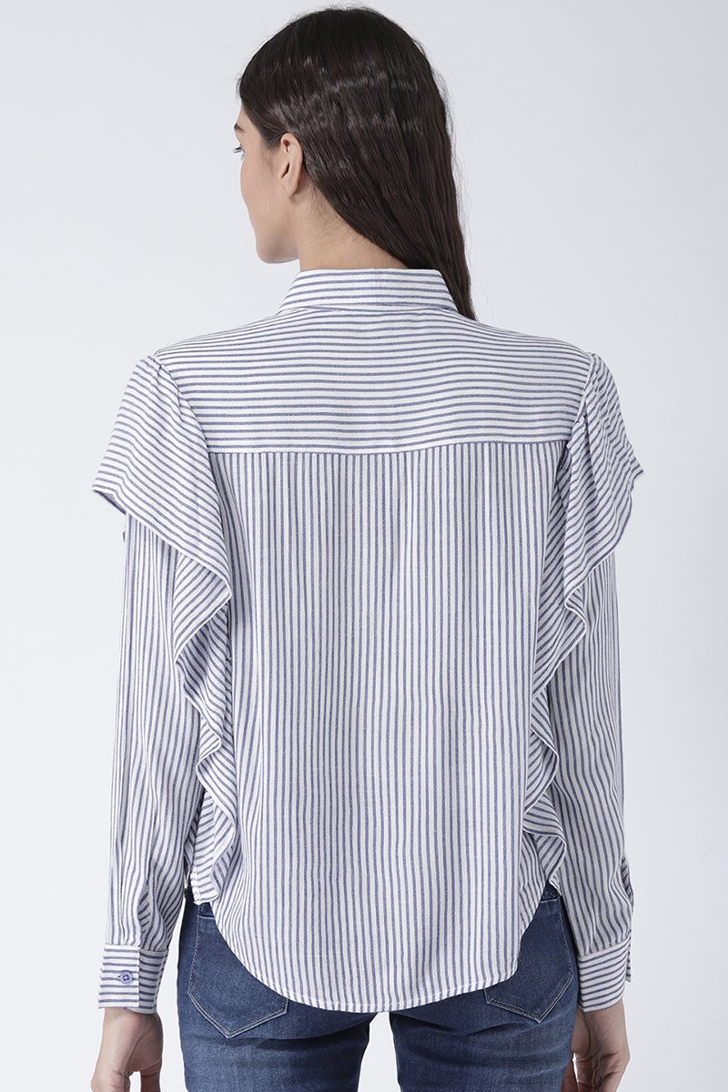Blue Medium Length Shirt Collar Long Sleeves Rayon Shirt
