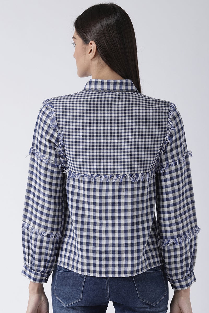 Blue Medium Length Shirt Collar Long Sleeves Rayon Shirt