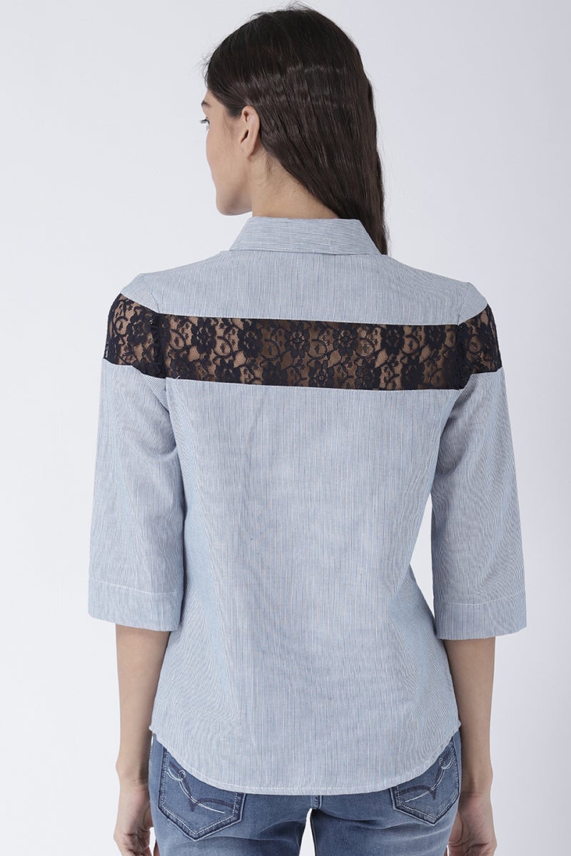 Blue Medium Length Shirt Collar 3/4th Sleeves Cotton Shirt