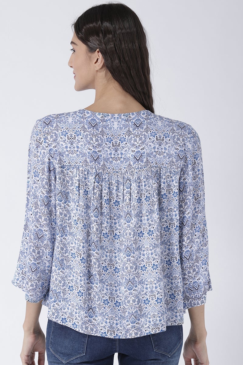 Blue Medium Length Tie-Up Rayon Top