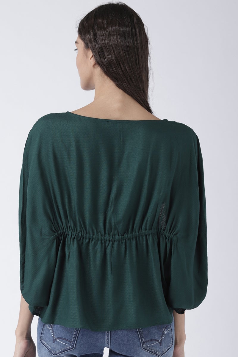 Green Medium Length Round Neck Rayon Top
