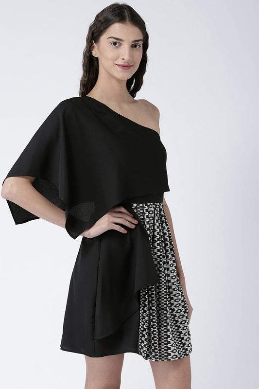 Black Above Knee Length One Shoulder Rayon Printed Dress