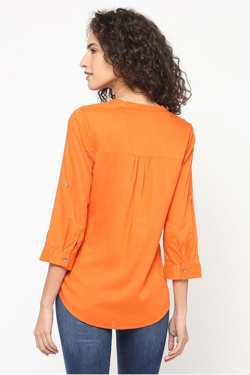 Gipsy Women Orange Round with V cut 3/4 Quarter Sleeves Tunic