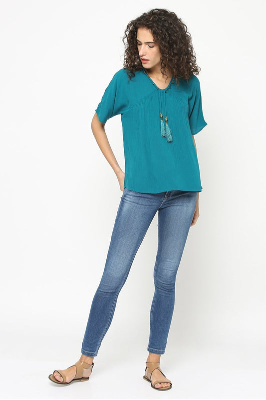 Gipsy Women Teal V Neck Half Sleeves Top