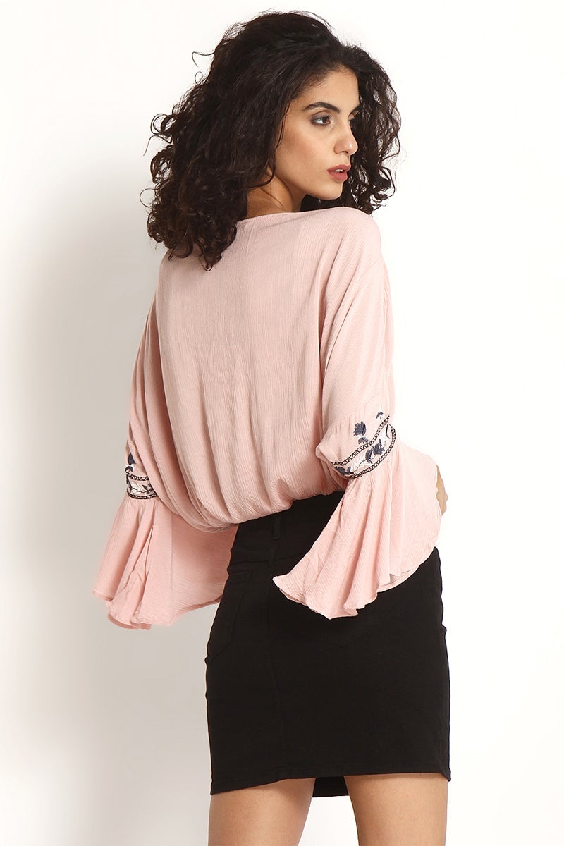 Gipsy Women Dusky Pink Round Neck with dori 3/4 Quarter Ruffle Sleeves Top