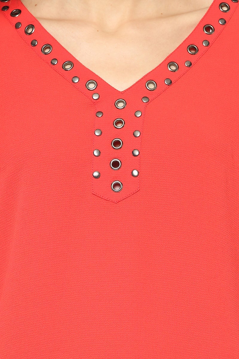 Gipsy Women Red V Neck 3/4 Quarter Sleeves Tunic
